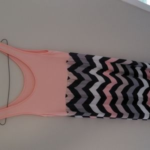 Maxi dress with chevron pattern skirt, navy and peach primary colors